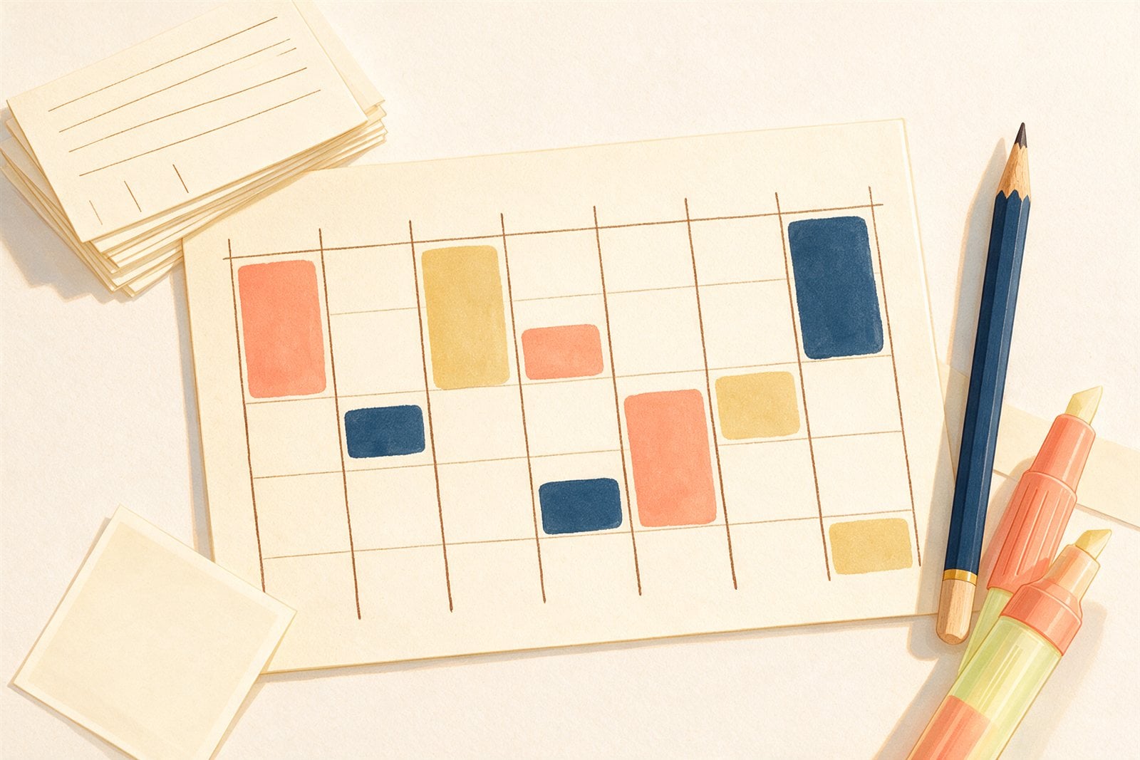 A hand-drawn weekly planner page with colored study blocks, index cards and a pencil, showing one class per day