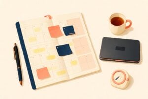 An open paper calendar with colored sticky notes marking study days, a pen, a mug of tea, a closed laptop and a kitchen timer on a desk