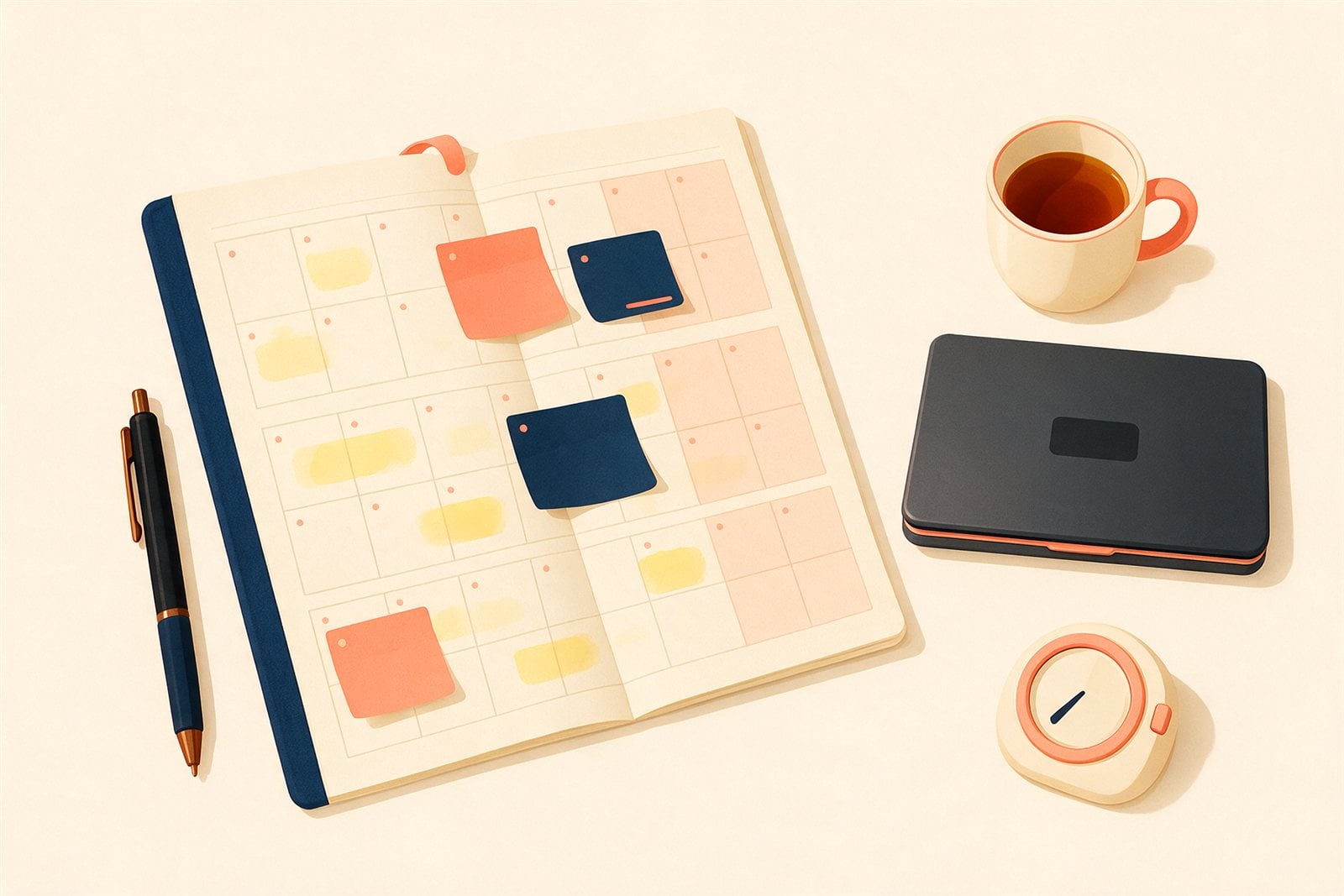 An open paper calendar with colored sticky notes marking study days, a pen, a mug of tea, a closed laptop and a kitchen timer on a desk