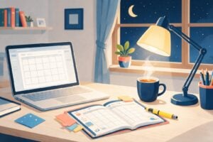 A student desk at night with a laptop showing an empty course grid, an open semester planner, sticky notes, a highlighter and a mug of tea under a desk lamp