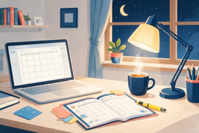A student desk at night with a laptop showing an empty course grid, an open semester planner, sticky notes, a highlighter and a mug of tea under a desk lamp