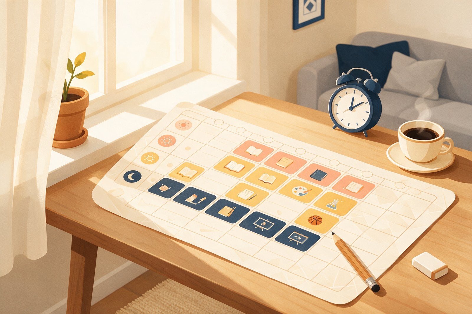 A paper weekly class schedule grid with color-coded morning, midday and evening blocks, a pencil, an eraser, an alarm clock and a cup of coffee